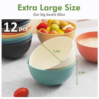 LIANGKEN 12-Pack of 24 oz Unbreakable Cereal Bowls, Reusable Plastic Lightweight Bowls, Made from Wheat Straw Fiber, Ideal for Salads, Soups, Ramen, Noodles, and Oatmeal