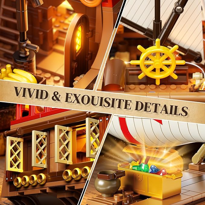 Santa Maria Ship Building Set with LED Lights 2 in 1 Pirate Ship House Wharf Building Block Kit 1253 PCS Adventure Merchant Ship Model Building Toy Gift for Adults Teens Boys Girls Ages 12+