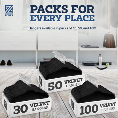 Zober Velvet Hangers 50 Pack - Black for Coats, Pants & Dress Clothes - Non Slip w/ 360 Degree Swivel, Holds up to 10 lbs - Strong Felt Hangers for Clothing