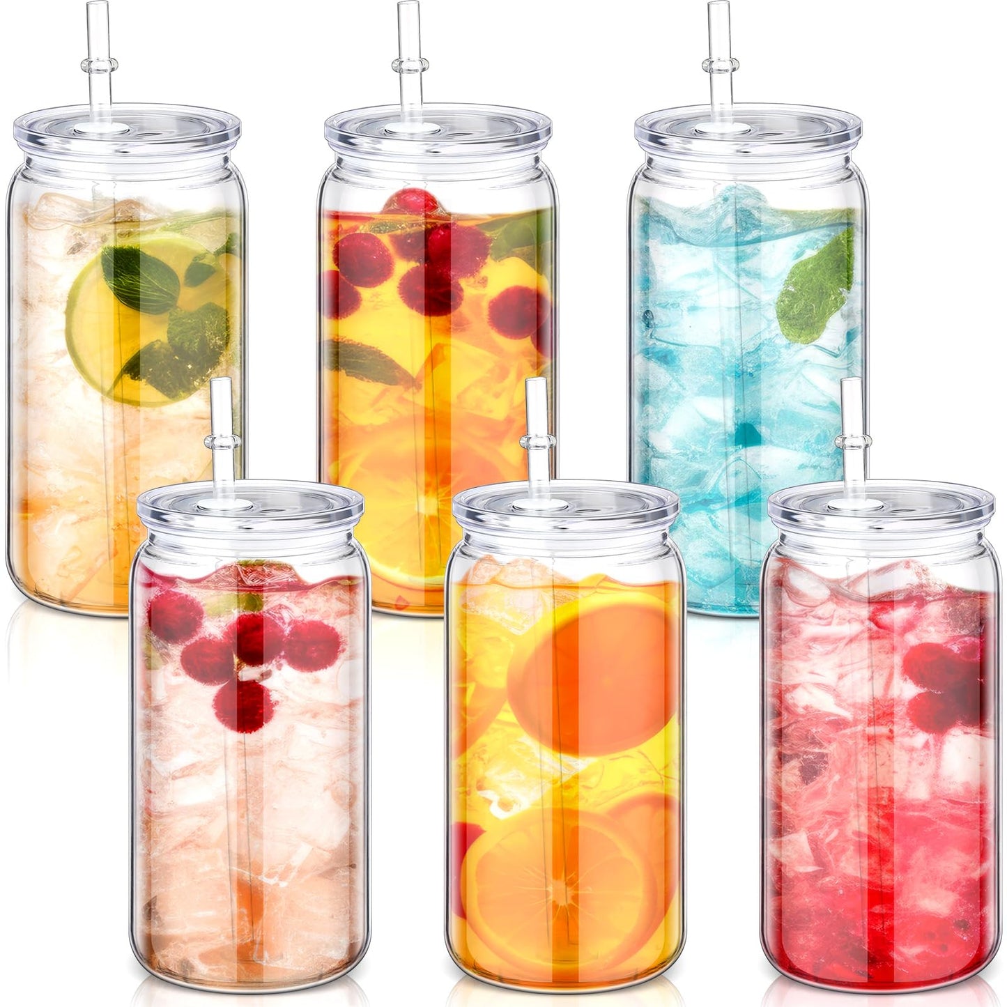 Blushtier 6 Pack 16 oz Plastic Cups Mason Jar Coffee Cup with Lid Clear Tumblers with Lid and Straw Round Bottom Plastic Cups for Iced Coffee Juice Reusable Milk Beverage Party (Clear)