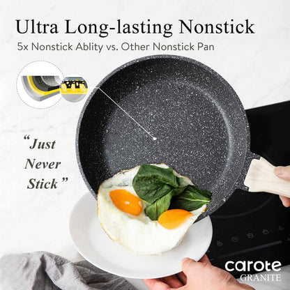 CAROTE Non Stick Frying Pan Skillet, Omelet Pan, Healthy Non Toxic Granite Chef Pan, Induction Compatible Egg Frying Pan with Heat-Resistant Handle, PFOA-Free