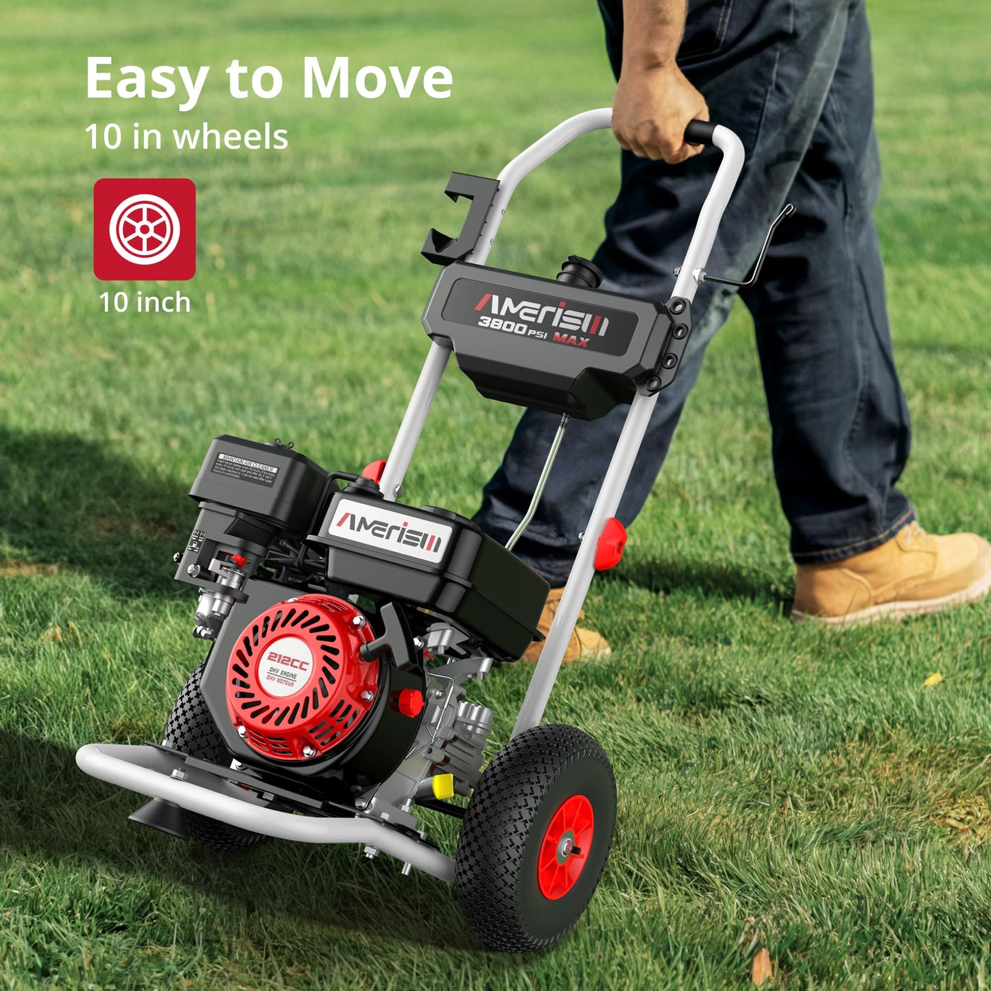 AMERISUN 3800 PSI Gas Pressure Washer 2.5 GPM with 212cc 4-Stroke OHV Engine, 5 Quick-Connect Nozzles & 10" Wheels, Heavy Duty Power Washer for Driveways, Cars, Patios, Decks & House Siding