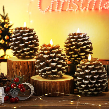 Baquler 4 Pcs LED Pine Cone Candles, Battery Operated, Flameless, Real Wax Pine Cone Candles with LED Flickering for Christmas Party Decoration