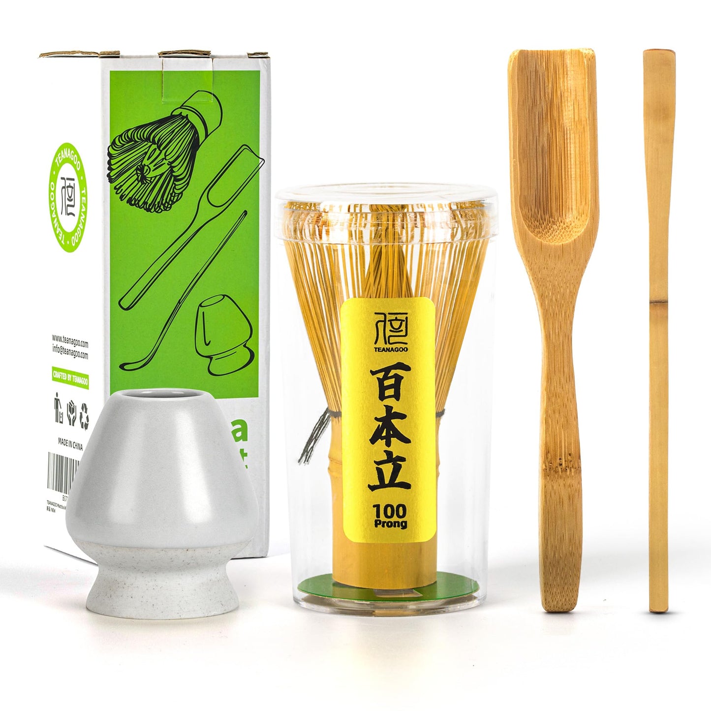 TEANAGOO Matcha Whisk Set, Bamboo Matcha Whisk (Chasen), 4 Pcs Traditional Starter Matcha Set, Scoop (Chashaku) Tea Spoon Whisk Holder, Matcha Accessory, Bamboo Whisk For Matcha Tea (100prongs)