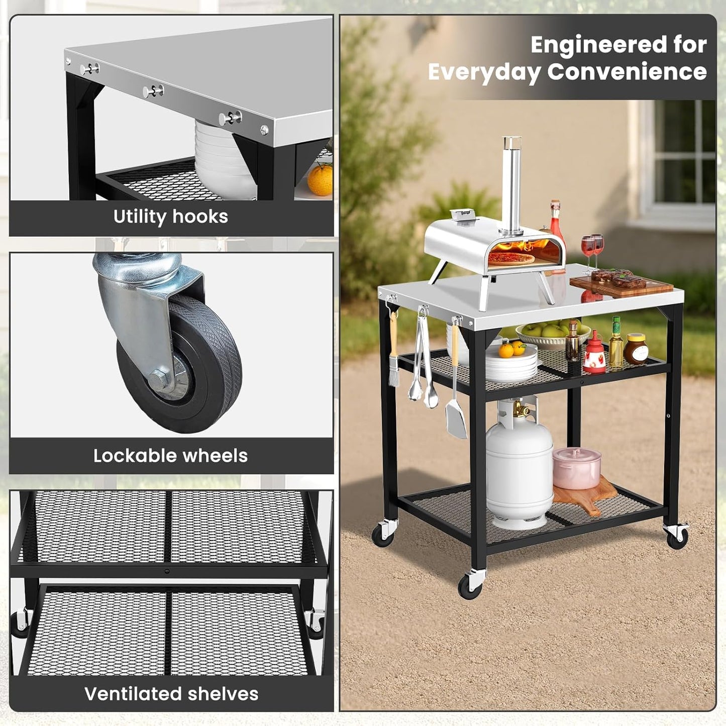 Hisencn Pizza Oven Table Cart for Ninja Woodfire, Blackstone, Cuisinart Pizza Oven, Outdoor Grill Cart, Stainless Steel Portable Grill Tables Grill Stand, Modular Table, Food Prep Carts with Hooks