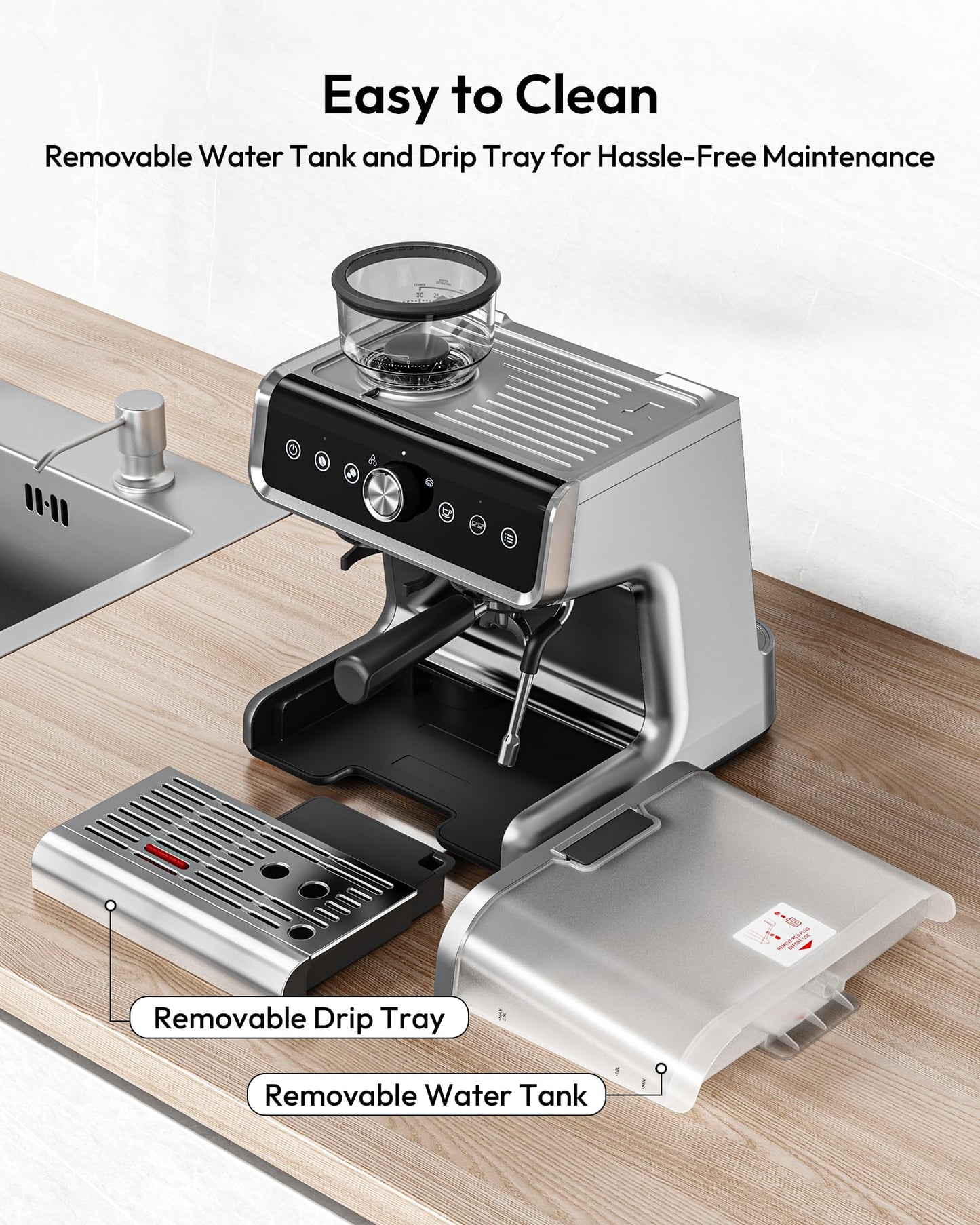 EUHOMY Espresso Machine with Grinder, 20 Bar Professional Espresso Coffee Maker for Home,with Milk Frother for Latte, Cappuccino & Barista-Style