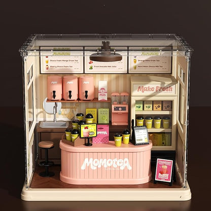 Milk Tea Shop DIY Miniature House Building Toy Dollhouse Set with LED Creator Playset Suitable for Mini Figures Construction Toys Diorama Kit Gifts for Adults