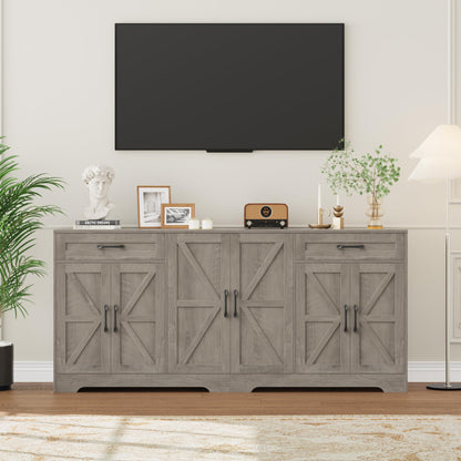 BOTLOG 71” Large Sideboard Buffet Cabinet with Storage, Farmhouse Kitchen Buffet Cabinet with Adjustable Shelves and 6 Barn Doors, Wood Coffee Wine Bar Console Table, White, Ash Grey (Ash Grey)