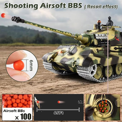 1/16 RC Tank Heng Long German King Tiger model Army Toy with Smoke Sound Light 2.4G Remote Control Tank That Shoot with Upgraded Metal Track Idler and Sprocket Wheel Steel Gearbox Two Batteries