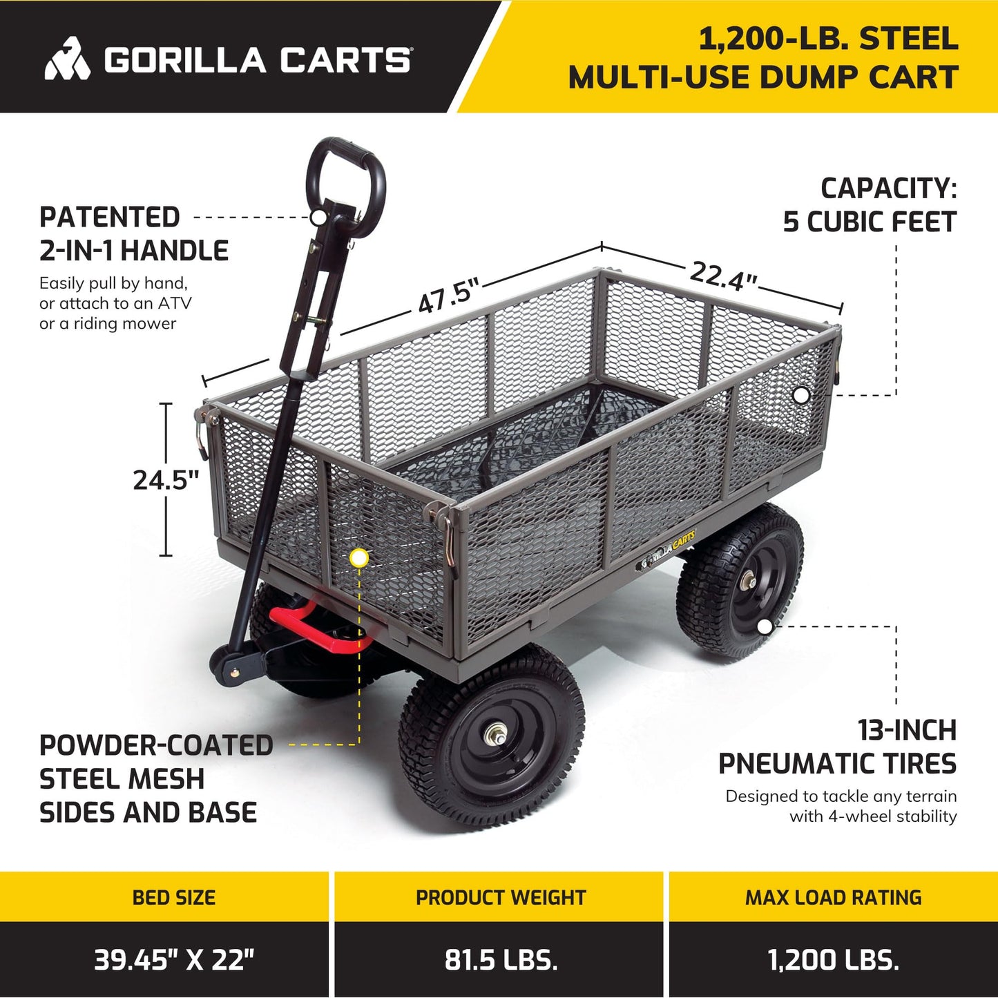 Gorilla Carts Steel Dump Cart, 5 Cu Ft Bed, 1200 lb Load Capacity, Gray – Towable Heavy-Duty Outdoor Utility Wagon with Removable Side Panels for Yard, Lawn, Garden or Landscaping