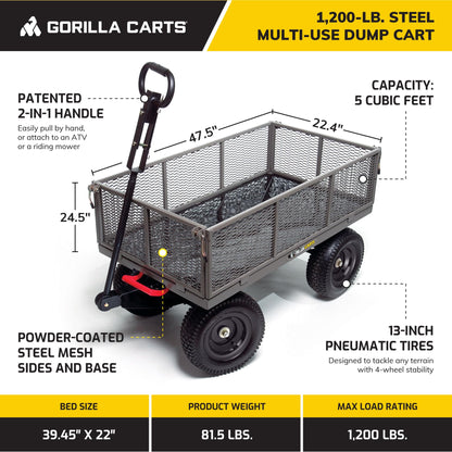 Gorilla Carts Steel Dump Cart, 5 Cu Ft Bed, 1200 lb Load Capacity, Gray – Towable Heavy-Duty Outdoor Utility Wagon with Removable Side Panels for Yard, Lawn, Garden or Landscaping