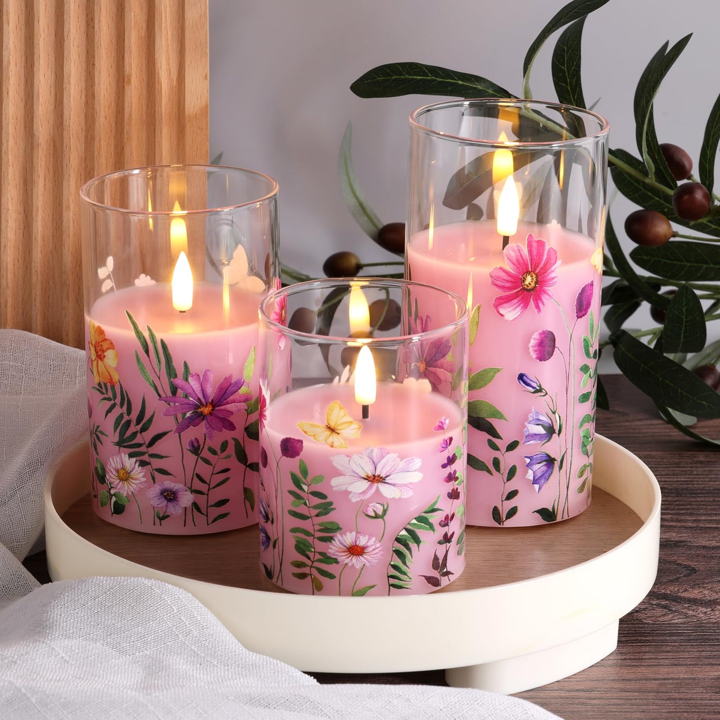 Eywamage Pink Floral Glass Flameless Candles with Remote, Flickering Spring LED Pillar Candles Battery Operated Home Decor Set of 3