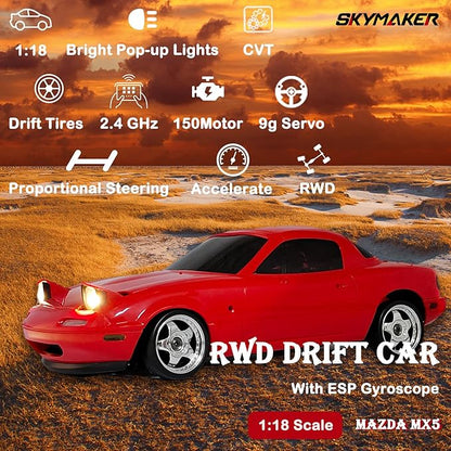 Skymaker LDRC Mazda MX5 Miata RC Drift Car 1/18 2.4GHz Drifting with Gyro Pop-up Lights RWD Drift Car for Adult Gift (Red with 2 Batteries)