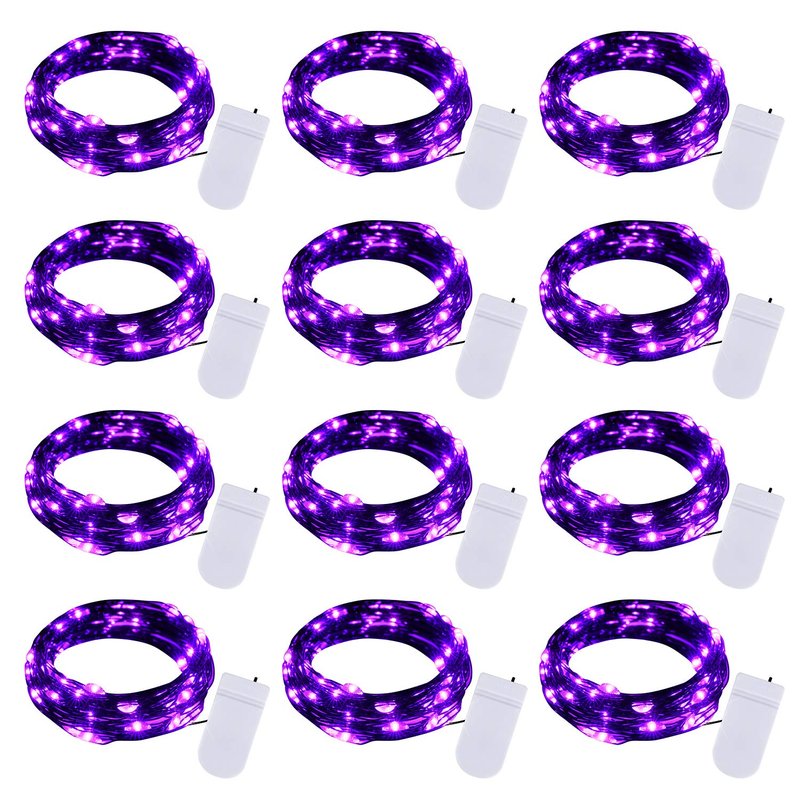 Halloween Purple Fairy String Lights: 12 Pack 7 Ft 20 LED Battery Operated Firefly Lights on Black Wire Starry Moon Lights for DIY Party Bedroom Patio