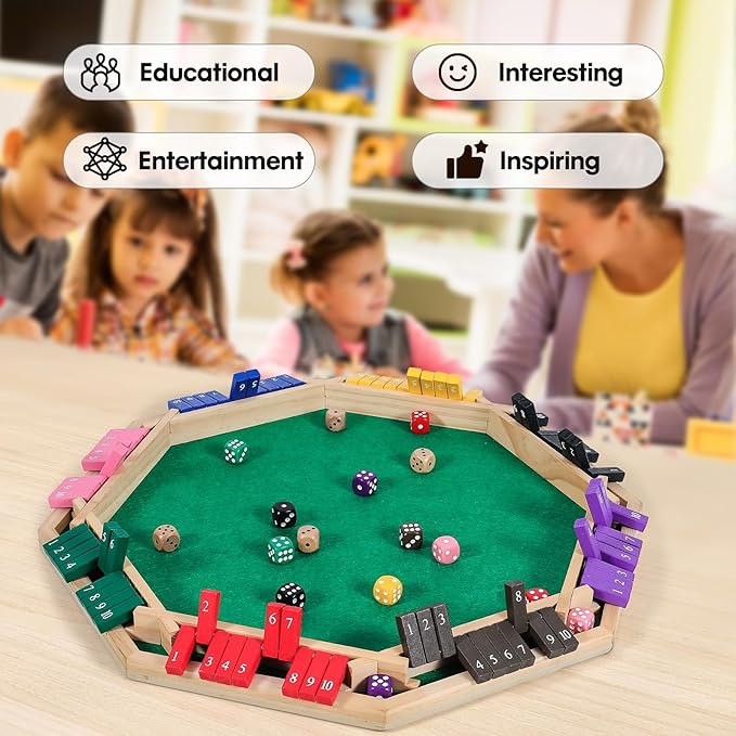 Vamslove Upgraded 2-8 Players Shut The Box Dice Game-Colorful 8-Way Wooden Board Table Math Game with 16 +6 Dices - Close The Box for Kids Adults Families Party Club (Instruction Included)