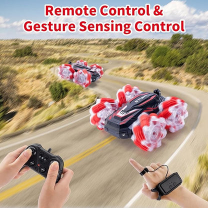 RC Stunt Car Double-Sided 360° Flips 4WD 2.4 GHz Gesture Sensing RC Cars with Cool Lights and Music for Boys Aged 6-12 Great Birthday Presents Toy Cars (Red)