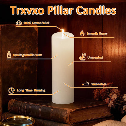 Trxvxo 72 Pcs White Pillar Candles Bulk Set: 2 x 3/6/8 Inch (24 Each), Dripless Unscented Smokeless Hurricane Candles for Creating Warm Elegant Atmosphere at Weddings, Parties and Events.