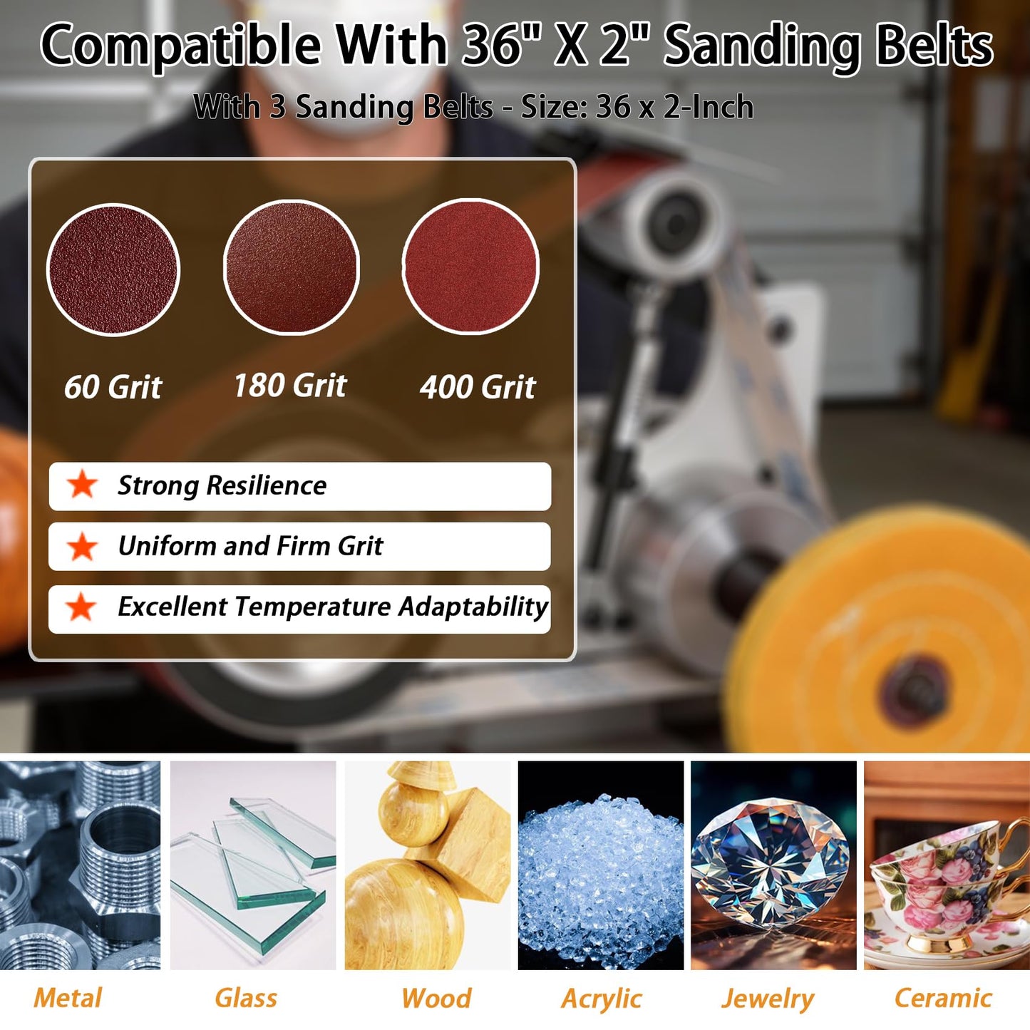 Belt Grinder Sander, 36 x 2-Inch Variable Speed Belt Polisher with VFD, 110V 750W Electric Grinding Machine with Polishing Tip, Cloth Wheel and 3PCS Sanding Belts for Metalworking (Rubber Wheel)