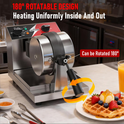 CROSSON Commercial Waffle Maker,Professional Round Belgian Waffle Maker Rotating 180° Non-Stick Plate Machine with Temp and Time Control for Restaurant Bakeries Kitchen 120V/1300W