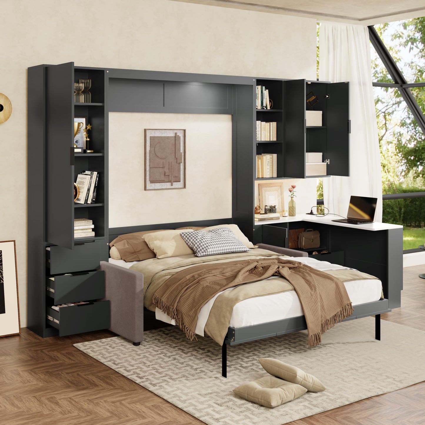 Merax Queen Size Wood Murphy Bed with Upholstered Sofa & Desk, Multifunctional Foldable Wall Platform Bed w/USB Charging Station for Guest-Room, Bedroom, Space Saving, Gray +Beige