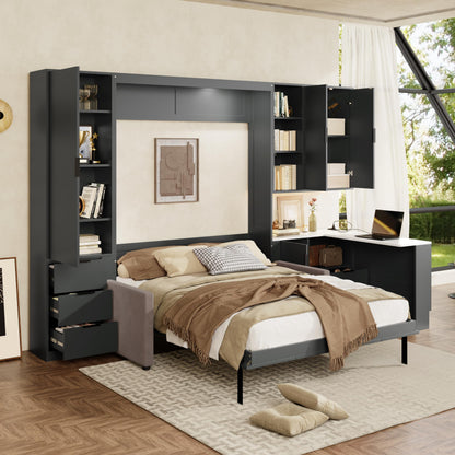 Merax Queen Size Wood Murphy Bed with Upholstered Sofa & Desk, Multifunctional Foldable Wall Platform Bed w/USB Charging Station for Guest-Room, Bedroom, Space Saving, Gray +Beige