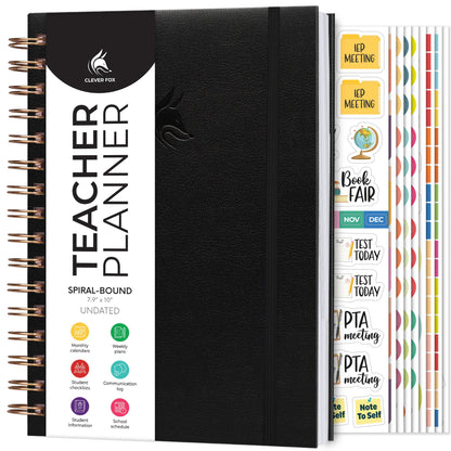 Clever Fox Teacher Planner Spiral – School Year Planner with Calendars & Lesson Plans – Teacher Plan Book for Classroom & Homeschool Organization - Undated, 7.9x10″ (Black)
