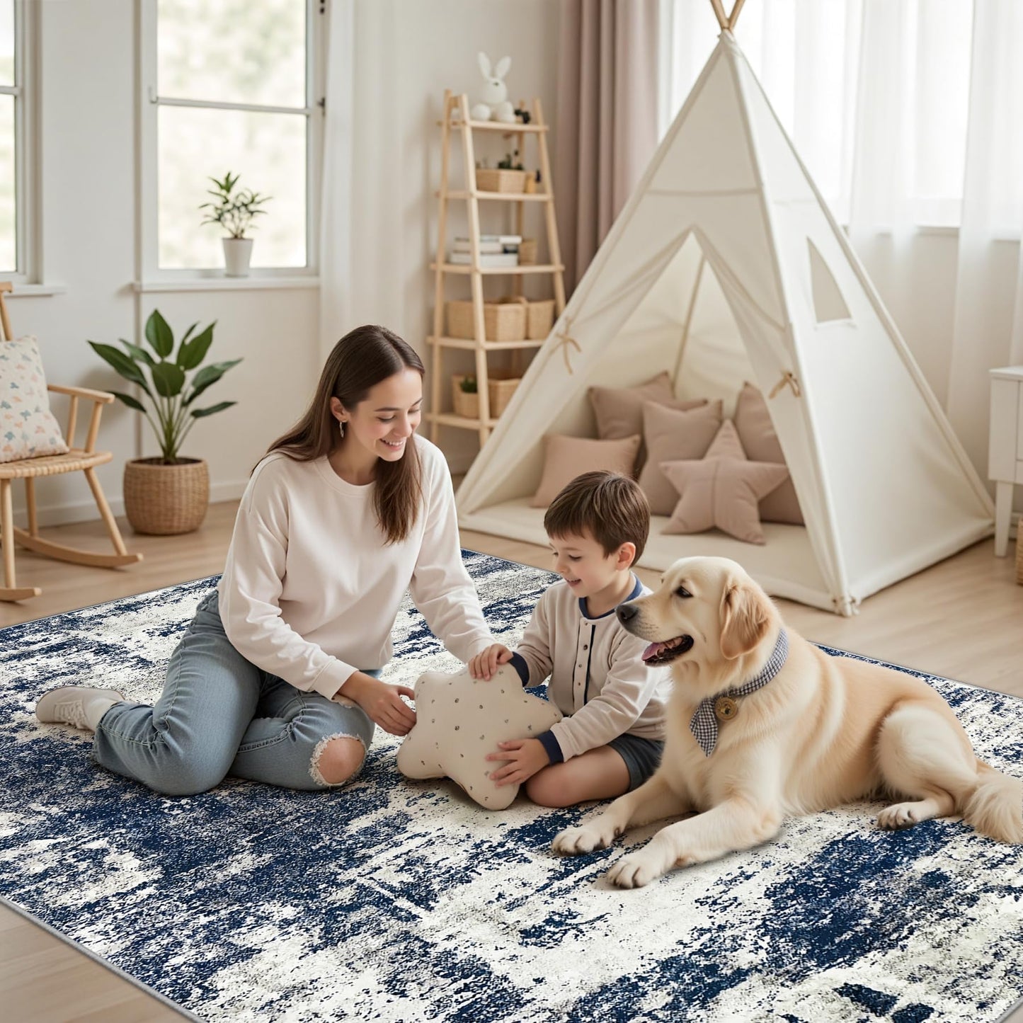 Area Rug Living Room Rugs: 5x7 Washable Rug with Anti-Slip Backing Non-Shedding Stain-Resistant Foldable Modern Abstract Carpet for Bedroom Dining Room Nursery Home Office - Gray/Blue