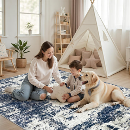 Area Rug Living Room Rugs: 5x7 Washable Rug with Anti-Slip Backing Non-Shedding Stain-Resistant Foldable Modern Abstract Carpet for Bedroom Dining Room Nursery Home Office - Gray/Blue