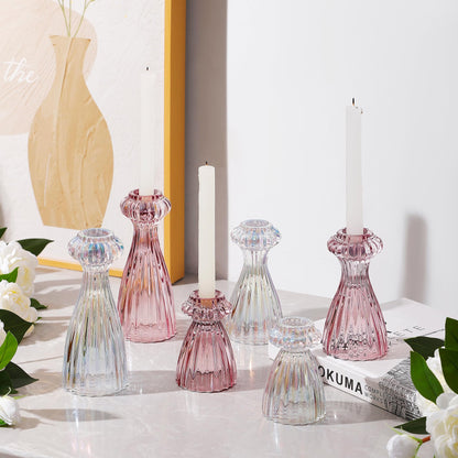 Lysenn Glass Candle Stick Holder Set of 3 – Premium Taper Candle Holders for Romantic Ambiance - Candle Sticks Holder Decor for Special Occasions - Pink