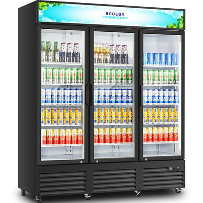 BODEGACOOLER Commercial Merchandiser Refrigerator,3 Glass Door Commercial Beverage Refrigerator, Beverage Display Cooler with Soft LED Light, Adjustable Shelves and 8 Strong Castors, 53 Cu. Ft,Black