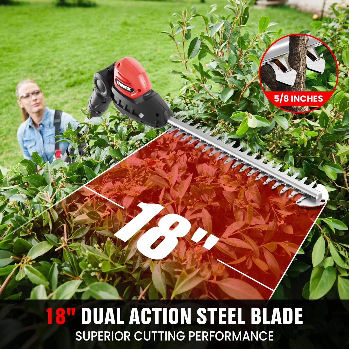 EWORK 20V Cordless Pole Hedge Trimmer with 2 Batteries and Charger, 18-Inch Blade Pole Trimmer, 6.3Ft-8.6Ft Extended Reach, 11-Angle Pivoting Head, Lightweight 6 LBS Battery Powered Bush Shrub Cutter