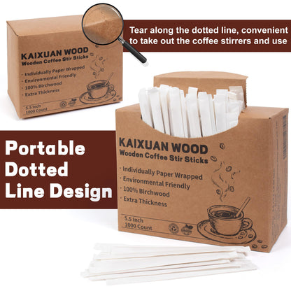 Coffee Stirrers 1000pcs Individually Wrapped Coffee Stirrers Wood - 5.5 Inch Disposable Wooden Stir Sticks for Coffee, Cocktail and Hot Drinks