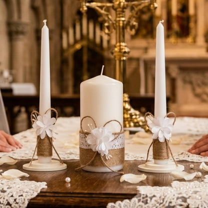 Magik Life Unity Candle Set - Wedding Ceremony & Reception – 6” Pillar & Two 10” Taper Candles – Long Burning Wedding Unity Candles for Marriage Ritual – Home Decor- Handmade in USA – White | Rustic
