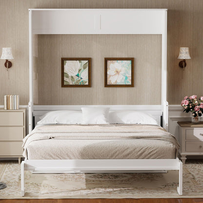 Ball & Cast Queen Size Murphy Bed with Desk,Hideaway Beds w/LED Lights and USB Charging Station,Wood Wall Cabinets Bedframe,Slat Support,Dual Piston Metal Folding Mechanism Designed,White