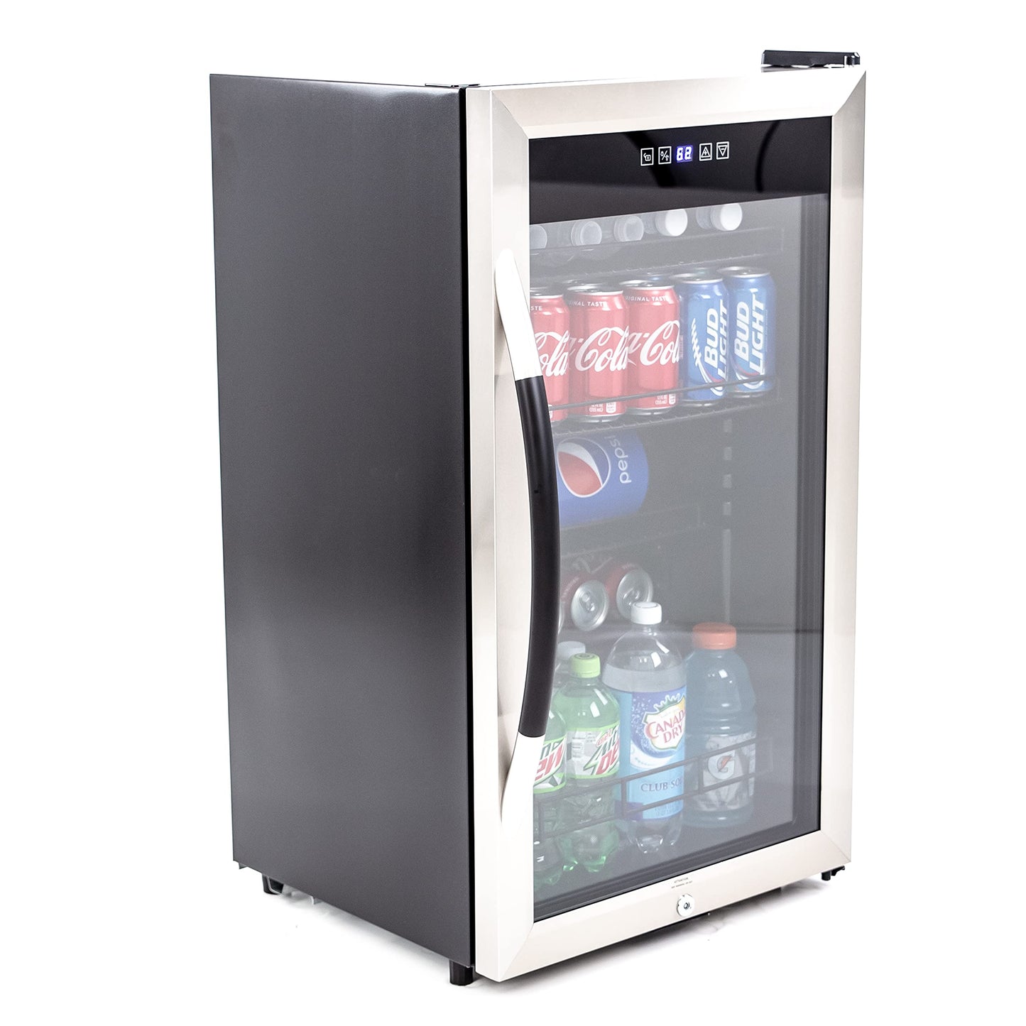 Avanti Beverage Cooler with Glass Door 108 Can Mini Refrigerator with Lock for Beer Soda Water Wine with Adjustable Shelves Digital Temperature Control and Interior Lighting, 3-Cu.Ft., Metallic
