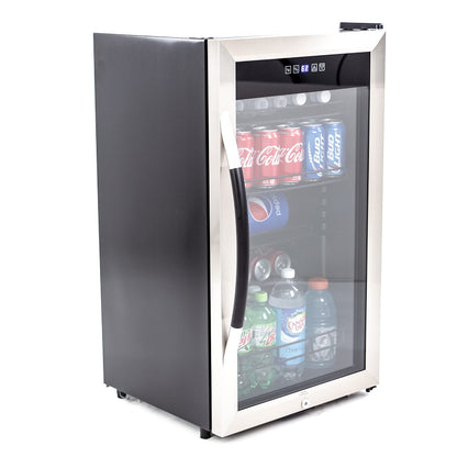 Avanti Beverage Cooler with Glass Door 108 Can Mini Refrigerator with Lock for Beer Soda Water Wine with Adjustable Shelves Digital Temperature Control and Interior Lighting, 3-Cu.Ft., Metallic