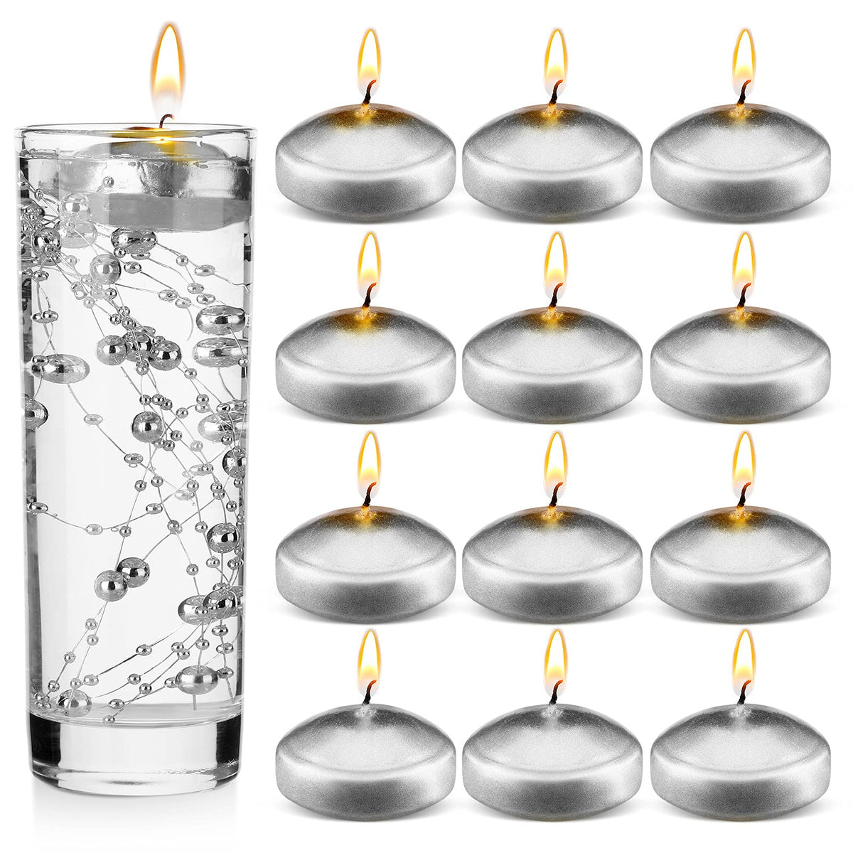 Nuanchu 12 Pieces 1. 65 Inch Floating Candles for Wedding Centerpiece, Small Unscented Floating Round Tealights Metallic Smooth Wax Disc Candles for Graduation Dinner Home Decor(Silver)