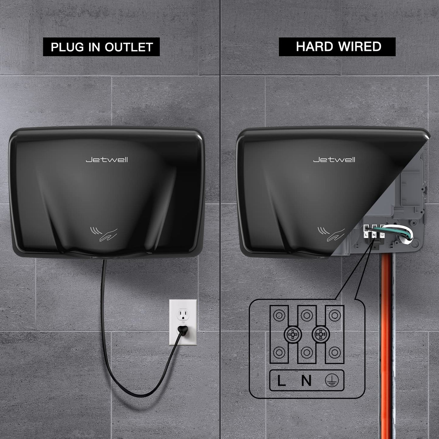 JETWELL Compact Commercial Black Stainless Steel Hand Dryer for Bathroom and Wall Mount Automatic Touch-Less Stainless Steel Hand Soap Dispenser- Automatic Hand Dryer and Wall Mount Soap Dispenser