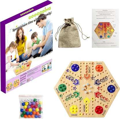 Wooden Board Game Board Game Original Marble Game Double Sided Painted 2 to 6 Player Fast Track Wooden with 6 Colors 24 Marbles 6 Dice for Adults Kids Family(24 INCH)