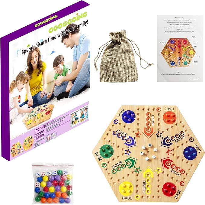 Wooden Board Game Original Marble Game Double Sided Painted 2 to 6 Player Fast Track Board Game Wooden with 6 Colors 24 Marbles 6 Dice for Adults Kids Family(15 INCH)