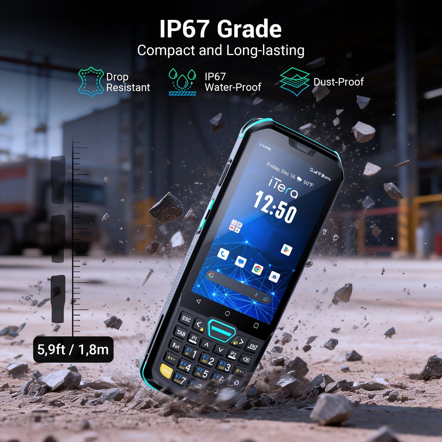 iTera Android 13 Barcode Scanner PDA: HS7 Scan Engine 26-Key Keypad 4" Touch Screen MTK 2.0GHz CPU IP67 Rugged 5100mAh Battery for Warehouse Logistics Industrial Use P400