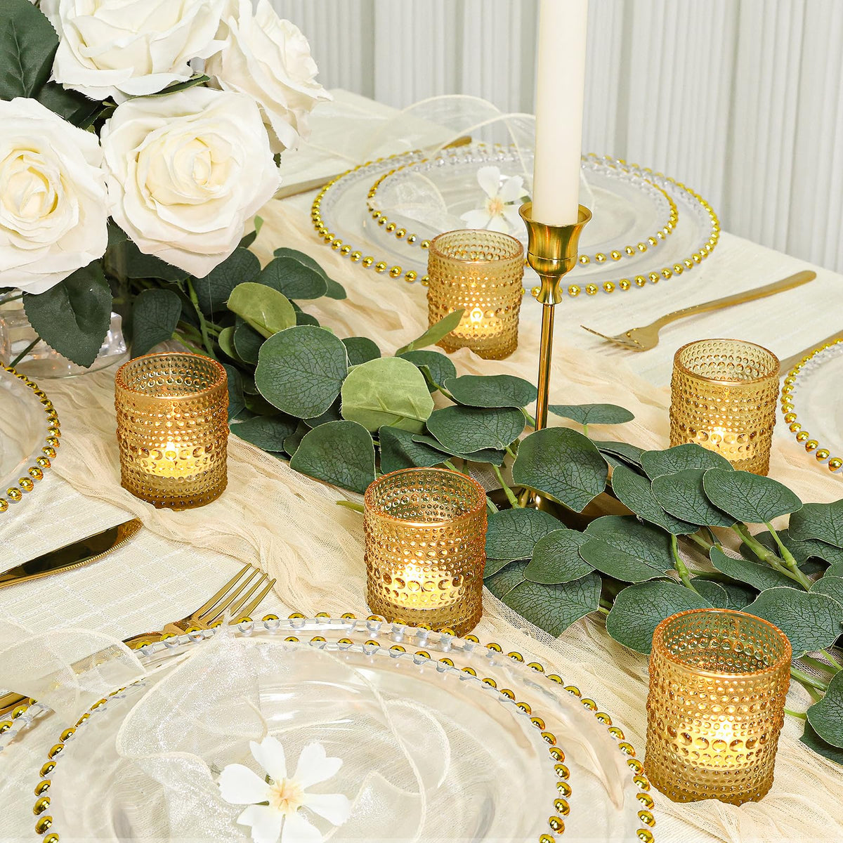 SUPMIND 24 Pcs Votive Candle Holders, Glass Holders Bulk for Table Centerpiece, Tea Lights Candle Holders for Wedding Shower, Party and Home Decor Golden