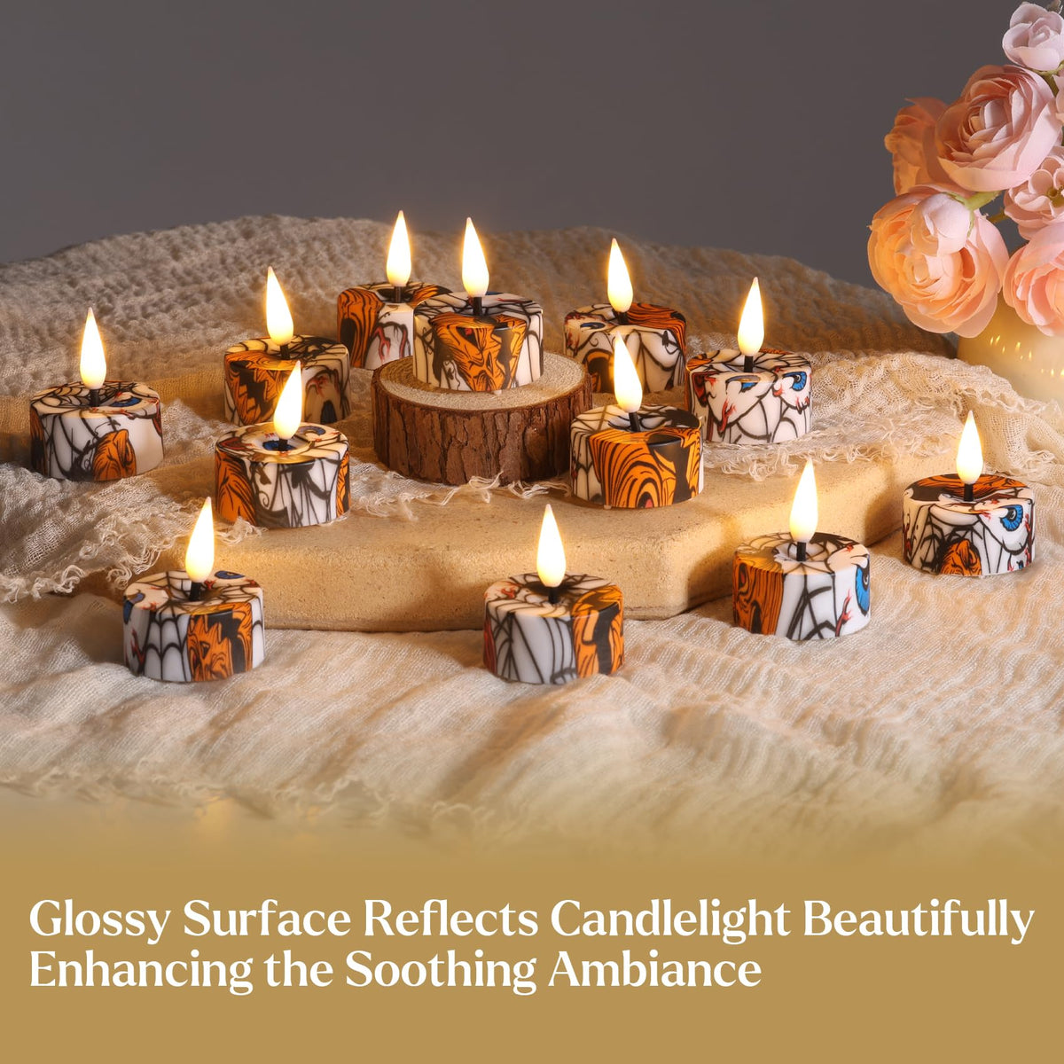 Eywamage Flameless LED Tealights with Remote Set of 12, Cool Pattern Battery Tea Votive Candles Holiday Gift