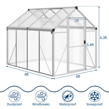6X8FT Greenhouse, Aluminum Polycarbonate Outdoor Green House, Green Houses for Outside with Sliding Doors, Ajustable Roof Vent, Withstands Bad Weather for Garden, or Backyard, Silver