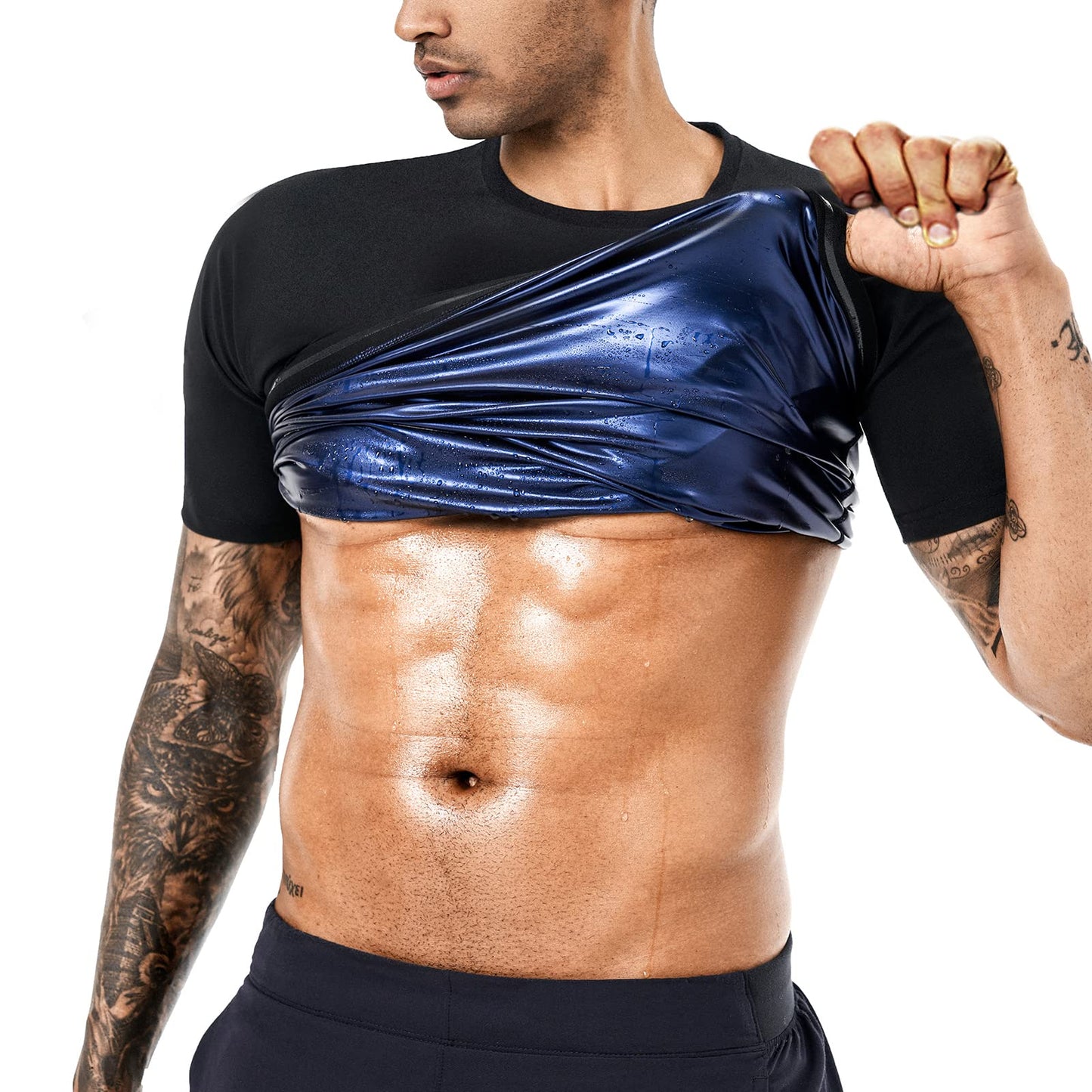 BODYSUNER Sauna Sweat Suits Shirt Waist Trainer for Men Compression Vest Workout Gym Clothes Sweat Enhancer Short Sleeve (Black, L)