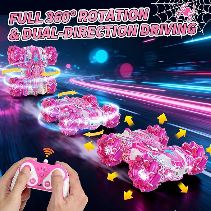 Spider Toys for Girls 4 5 6 7 8 9 10 11 12 Gesture Sensing Remote Control Car Double Sided RC Cars with Full-Body Light 2.4GHz Hand Controlled Rechargeable RC Stunt Car