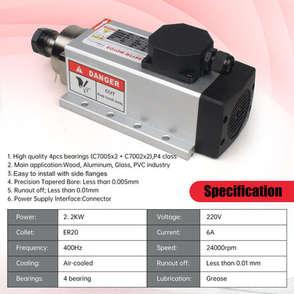 CNCTOPBAOS 2200W 220V CNC Router Spindle Motor,Square 2.2KW Air Cooled Spindle Motor ER20 400Hz 24000rpm 4 Bearings for CNC Milling Machine Engraving Cutting Wood,Plastic,Aluminum,Acrylic,PVC etc