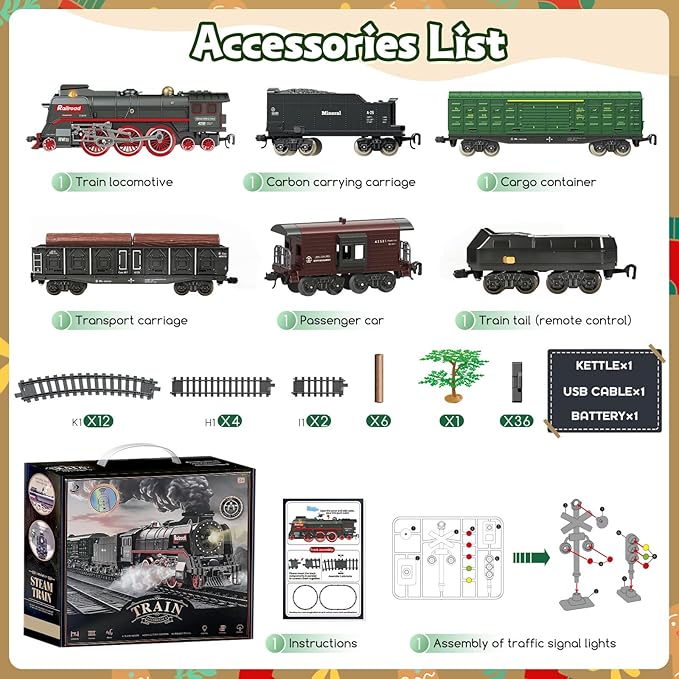 Christmas Electric Remote Control Train Set with Smoke Lights Sound Locomotive Cars and Remote Carriage 3 Smoke Outlets USB Rechargeable with Track Under Christmas Tree Gifts for Kids 3+