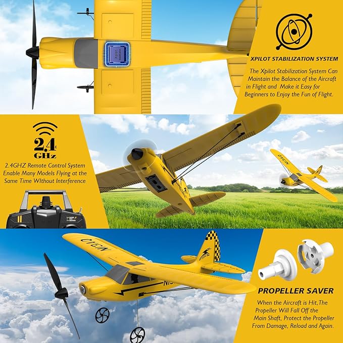 28℃ RC Plane 3 Channel Remote Control Airplane Trainer Sport Cub S2 with Propeller Saver&ampXpilot Stabilization SystemOne-Key U-Turn Easy to Fly for Beginners Kids Adults Yellow (761-14 RTF)