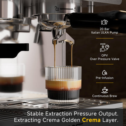 HANROSE Espresso Machine with Grinder, 20Bar Espresso Machine Stainless Steel, Coffee Machine with Milk Frother for Latte/Cappuccino, Adjustable Temperature, Independent Hot Water & Americano Function